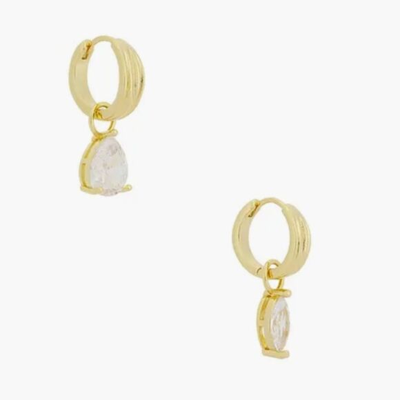 REVOLVE Luv AJ X Dezi Gold Huggies with Mismatched Prong-set Crystal Drops - Picture 1 of 5